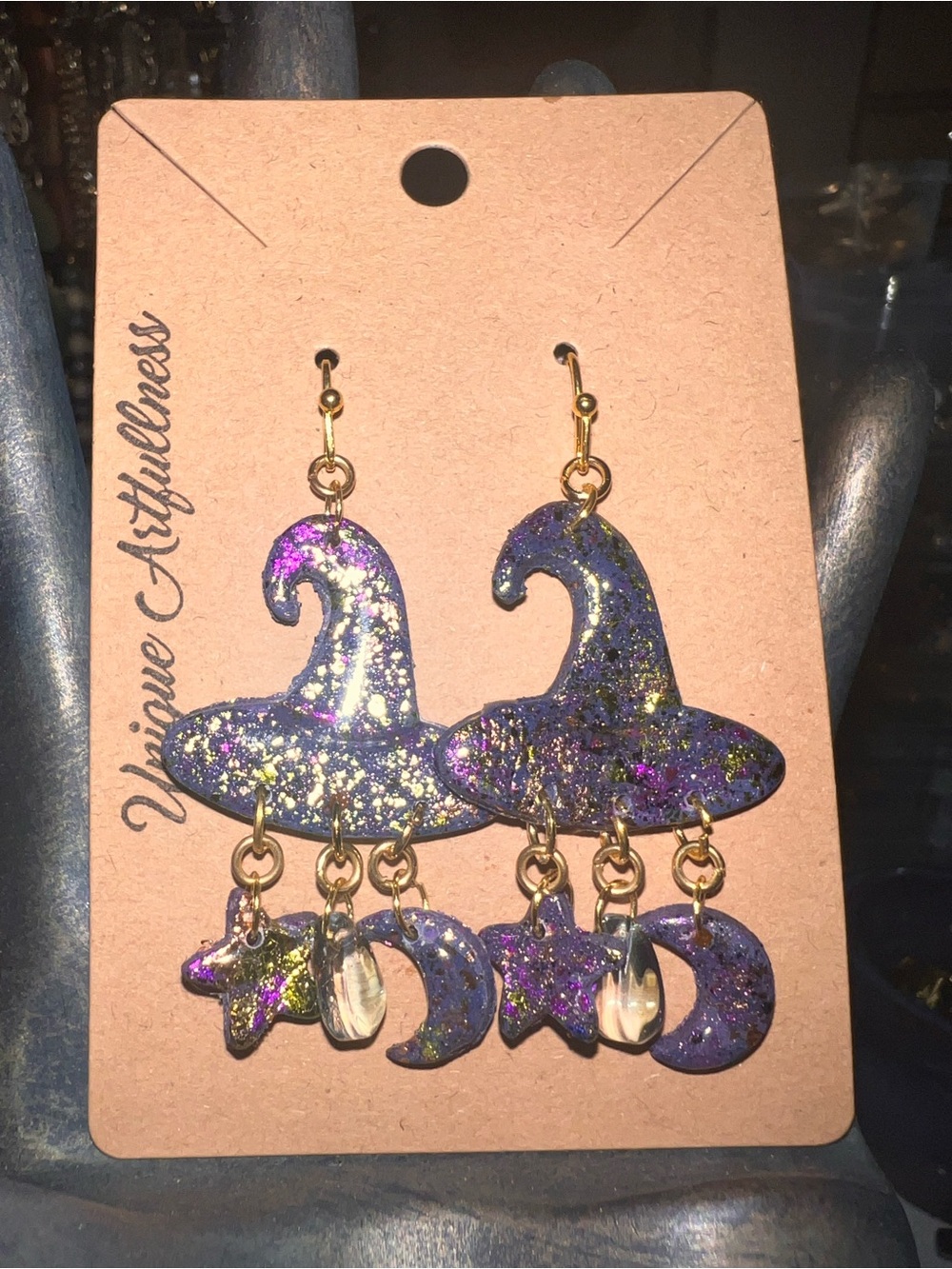 Sparkling Witch Hat Dangle Earrings - Purple/Gold